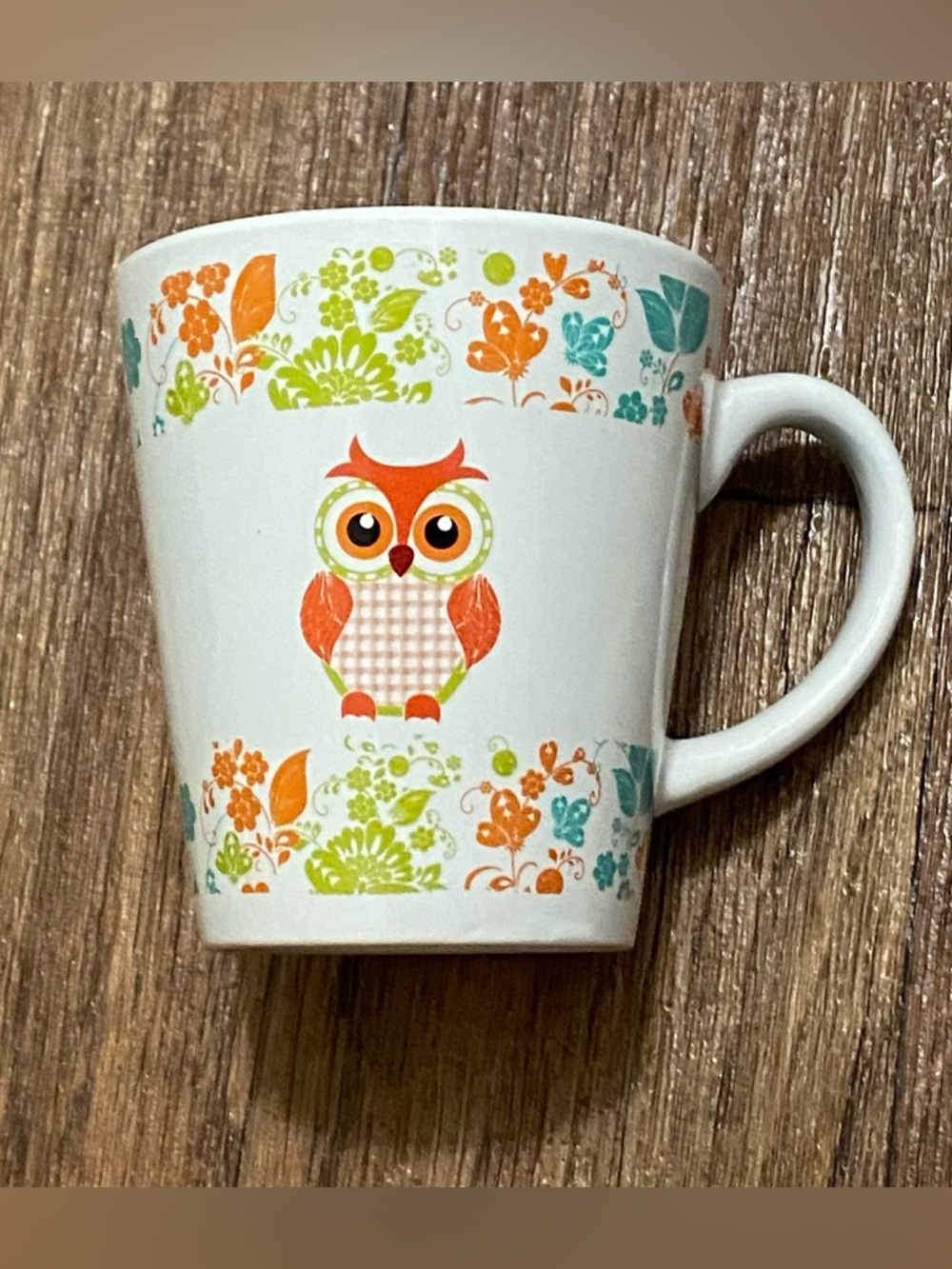 Vintage Trisa Owl Coffee Cup Mug Ceramic Floral Trim 4”H Orange Teal Green Print